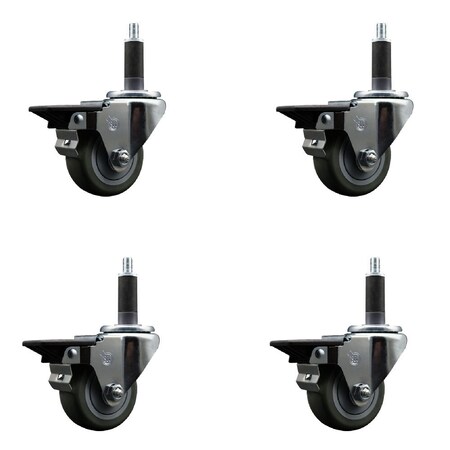 Service Caster 3'' Gray Poly Swivel 1'' Expanding Stem Caster Set with Brake, 4PK SCC-EX20S314-PPUB-PLB-1-4